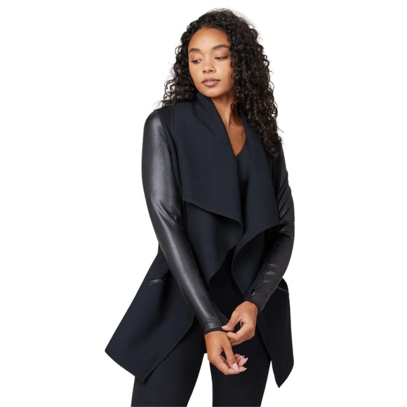 SPANX Jackets & Blazers - Spanx Drape Front Jacket Womens XL Black Faux Leather Asymmetrical Open Front